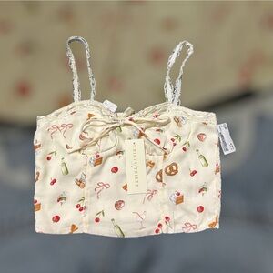 THIRTY/THIRTY Cream Lace Trim Crop Top with Fun Print